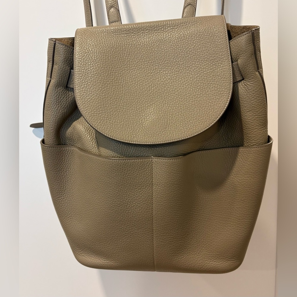 Cuyana Olive Green Pebbled Leather Backpack with Front Pockets